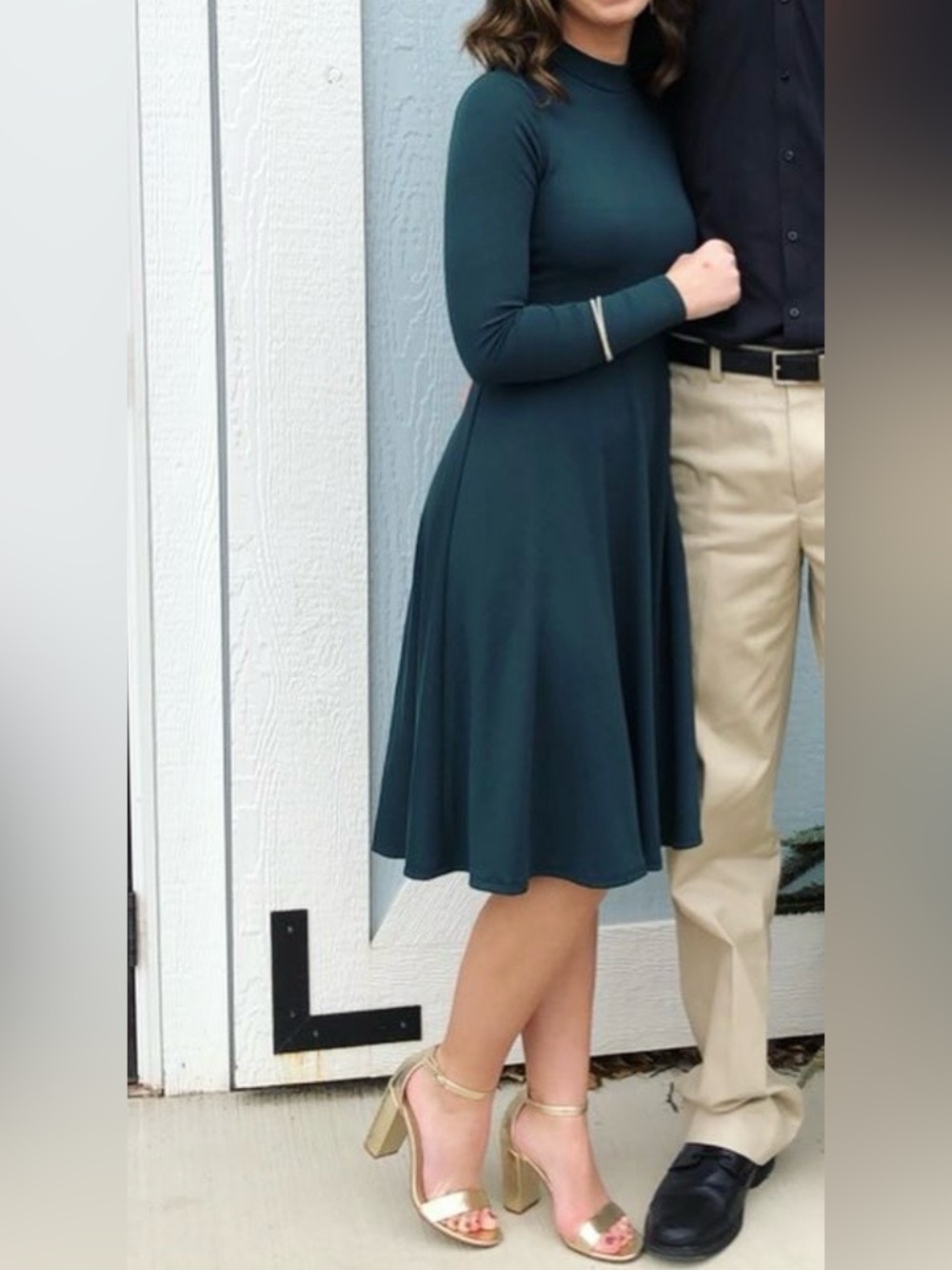 Lulus Emerald Mock Neck Long Sleeve A-Line Dress